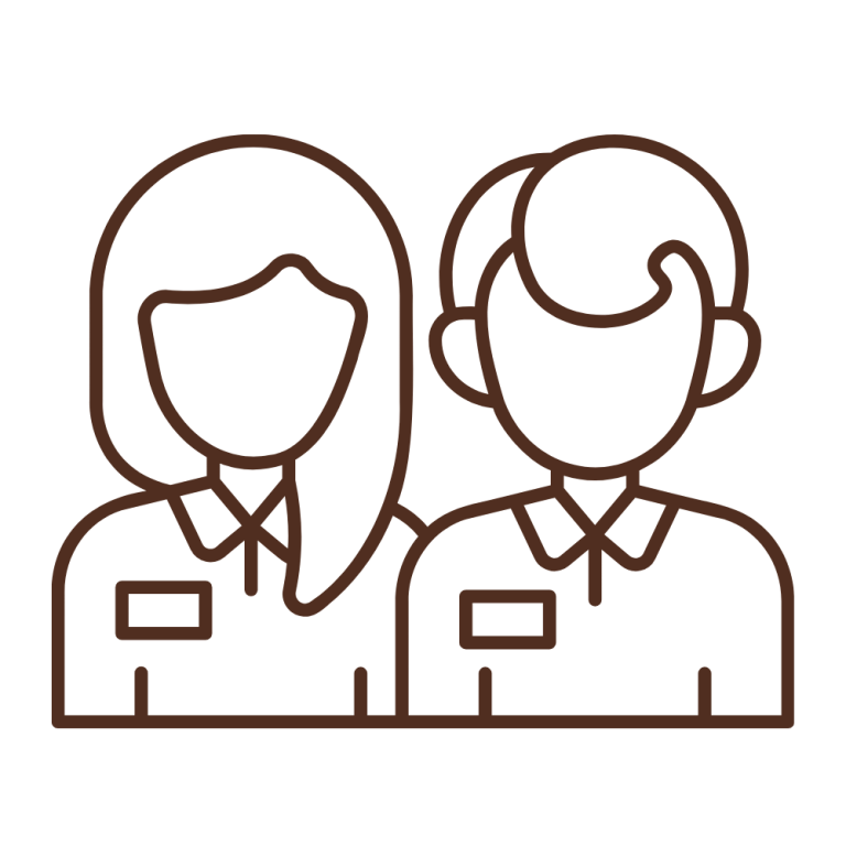 Line drawing of two people in uniforms with name tags, one with long hair and one with short hair.
